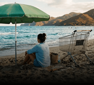 Persona al mare con un carrello della spesa vuoto
